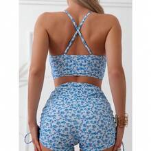 Bikini Sets For Women Floral Print Top And Drawstring Side Shorts Bikini Bathing Suits 2 Piece Swimsuit - Blue Ditsy Floral - 查看 2