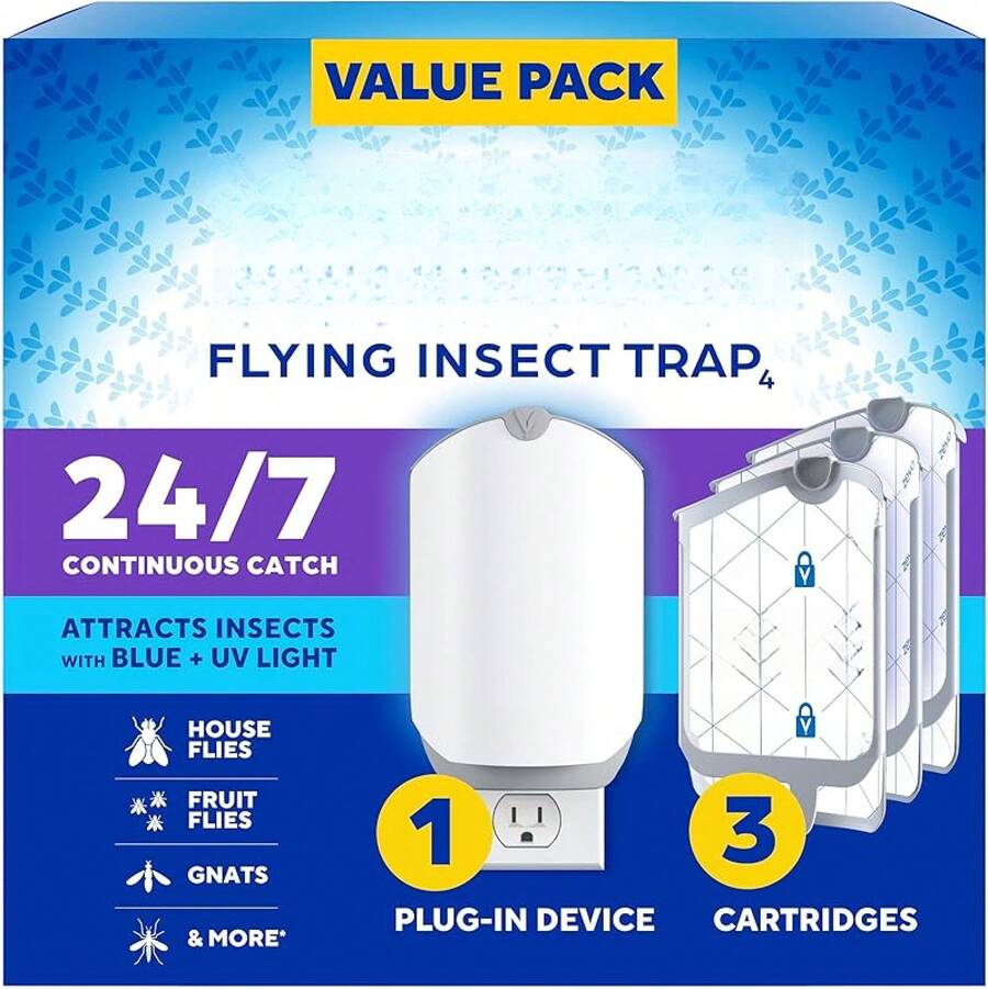 Zevo Flying Insect Trap & Cartridge - Plug In Fly Trap & Indoor Bug Catcher For Gnats, House & Fruit Flies - Mess-Free - Use In Any Room - Uses Blue & UV Light (1 Plug In Device & 1 Cartridge) - 1 Perangkat & 3 Kartrid - View 1