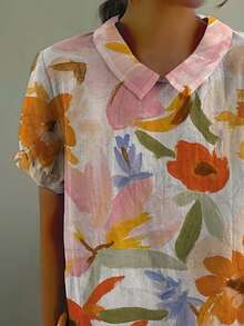 Plus Size Floral Woven Blouse, Regular Sleeve, Collar, Short Sleeve, Regular Length Shirt Summer - Multicolor - View 2