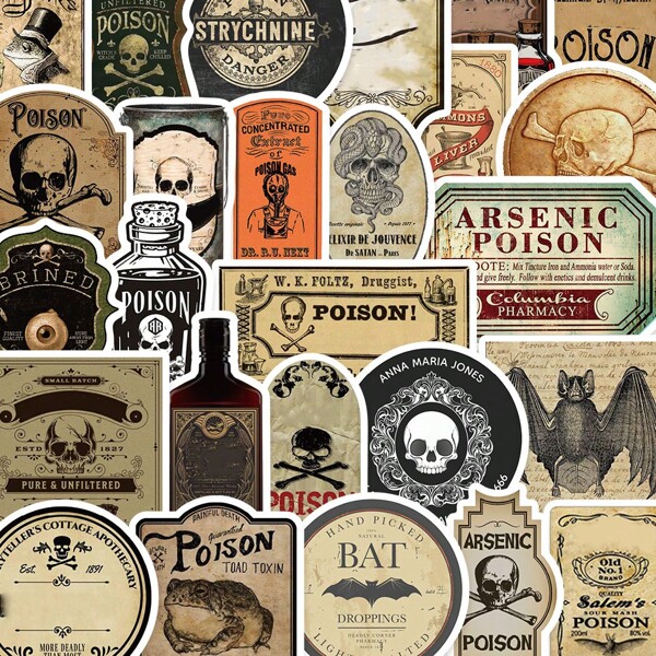50pcs Retro Thriller Potion Stickers Cartoon Self-Adhesive Patterns For Skateboarding Laptop Water Bottle Helmet Decorative Stickers