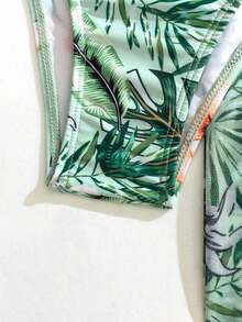 Tropical Print 3 Piece Bikini Set, V Neck Ruched High Cut With Long Sleeves Cover Up Shirt Swimsuits, Women's Swimwear & Clothing For Holiday,Tropical Print Beach Cover Up Set Halter Triangle Bikini Swimsuit With Kimono Beach,Plant Print Push Up Bandeau Bikini Set,3 Piece Set,Summer Beach - 綠色 - 查看 7