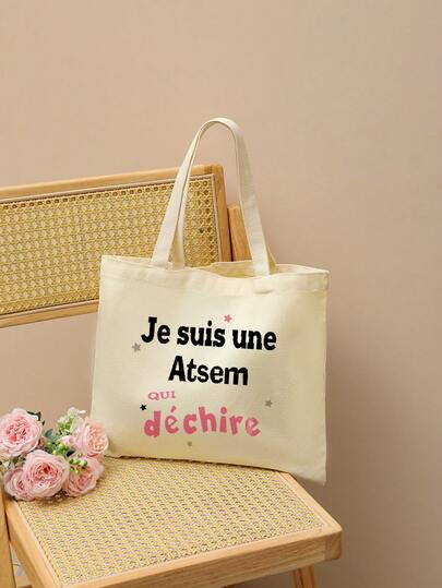 VOESETO 1pc Thanks Atsem French Print Pattern Tote Bag Shoulder Bag For Travel Daily Commute Women's Reusable Shopping Bag Summer Beach Holiday Bag Soda Bag Ices Cola Lover Gift Soda Cola Gift Soft Girlie Gift Soft Drink Gift, Teacher Stuff Best Choice