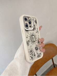 1 pieza Funda de teléfono elegante y simple con patrón de línea de luna y mariposa en lente de arena beige, Body completo a prueba de golpes, grueso TPU, compatible con iPhone/Redmi/VIVO/OPPO, versión internacional a prueba de agua, resistente a caídas y arañazos, no la versión nacional - Beis - Ver 3