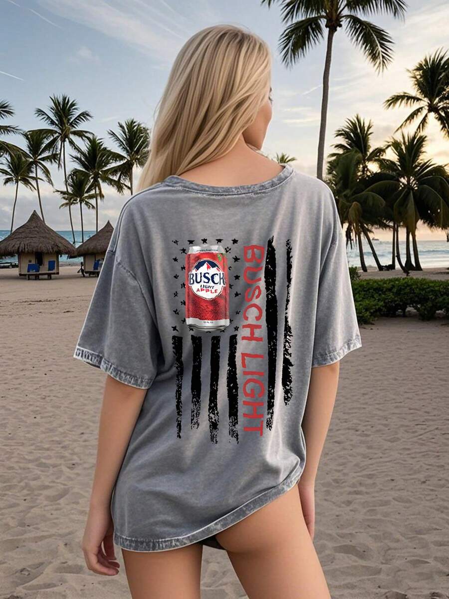 Busch Light"American Retro Printed Hip-Hop Loose Cotton Washed Men's And Women's T-Shirt - Grey - View 1