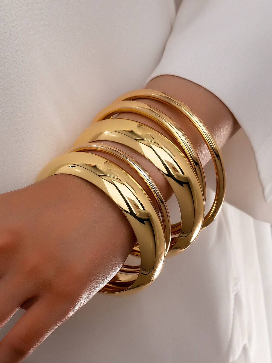 Pack Of 5 Golden Color Minimalist Metal Tube Bracelets Set / Women Stacked Basic Design Chunky Cuff Bangles Set - Gold - View 1