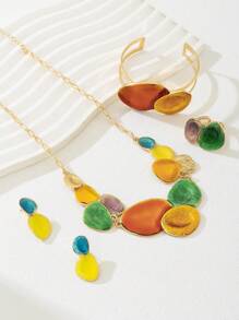 1 Set Colorful Dopamine Inspired Asymmetrical Geometric Ellipse Pendant Necklace, Bracelet, Earrings And Ring For Women, Suitable For Vacation, Daily Wear, Music Festival
