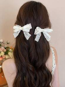 2/4pcs Women Feminine Lace Bow Hair Clips, Embroidered Lace Side Clips, Elegant Bohemian Bowknot Hair Accessories Suitable For Everyday Use, School Stuff, College, Winter Outfit For Women, Bows, Cute, New Years, Classy