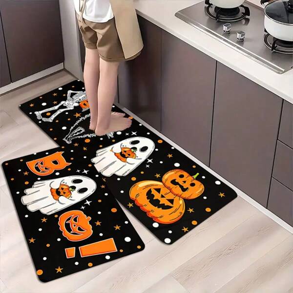 1/2pcs Halloween Kitchen Mat,Boo Happy Halloween Floor Mats And Rugs,Skull/Pumpkin/Ghost/Black Cat Printed Floor Mat, Non Skid Washable For Kitchen Home Decor, Halloween Decorations And Accessories