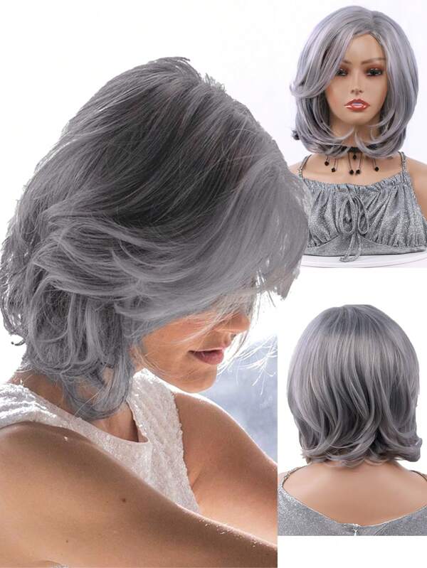 amir hair Perruque gris argent carré, perruque synthétique grise ondulée de longueur moyenne pour femmes, réaliste et naturelle, frange blanc argenté de 10 pouces pour un port quotidien