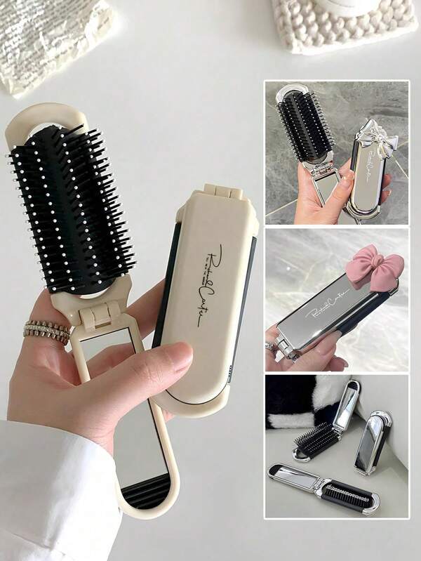 1pc Foldable Hair Brush With Mirror, Portable Pocket Comb, Compact Travel Hair Brush, Detangling Massage Comb, Hair Tools, Hair Stuff, Travel Essentials, Back To School, School Supplies, School Essentials For Students, On-The-Go Styling Tool For All Hair Types.