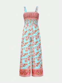 Women's Floral Print Wide-Leg Jumpsuit With Adjustable Straps And Pockets - Elegant Summer Overalls In Blue, Pink, Yellow, Orange, And White Flowers, Summer Out Digital Print Fabric, Floral Print Jumpsuit