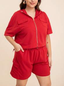 Plus Size Women's Zip-Up Hoodie And Wide-Leg Shorts Set - Stylish Workwear Pocket Shorts Two-Piece Outfit - Red - View 3