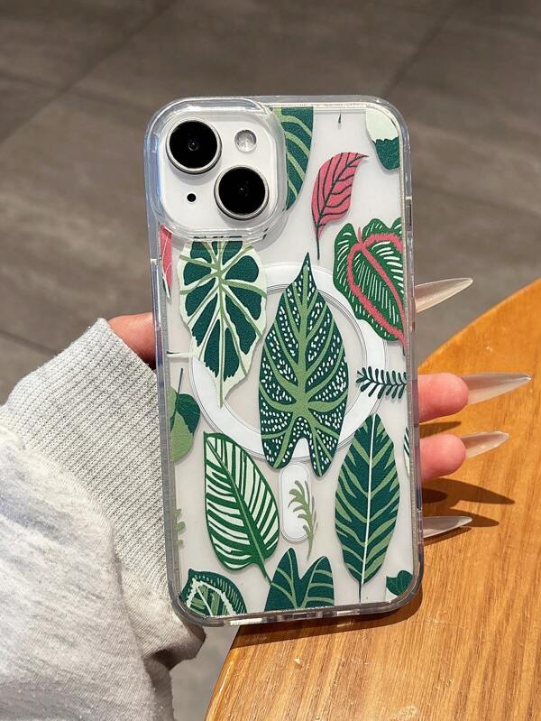 Summer Colorful Leaves Graphic Transparent Magnetic Case Suitable Compatible With Apple 16 Pro Max/ 15 Pro/ 12/ 13 Pro/ 14 Pro Max