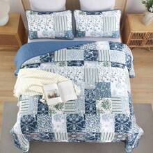 3 Pieces Floral Plaid Blue Queen King California King Size Reversible Bedspread Coverlet Set For Wedding Items,Valentines Day Home Bed Room Decor,Mothers Day Gift,All Season  ,Soft Microfiber Bedding Set Pillowcase - Blue02 - 查看 3