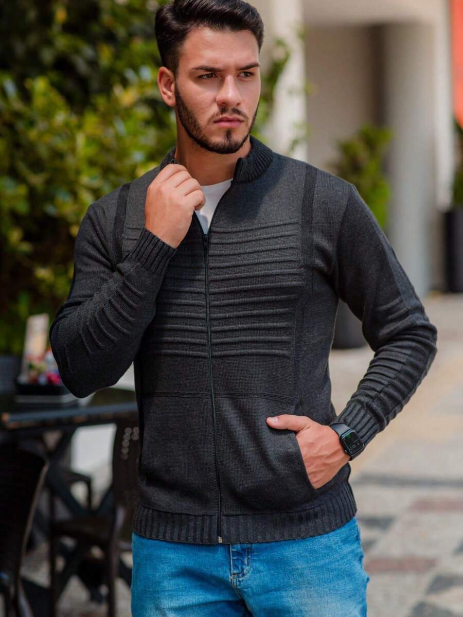 Men's Winter Coat Wool Knit Men's Jacket With Pocket And Zipper - Black - View 1