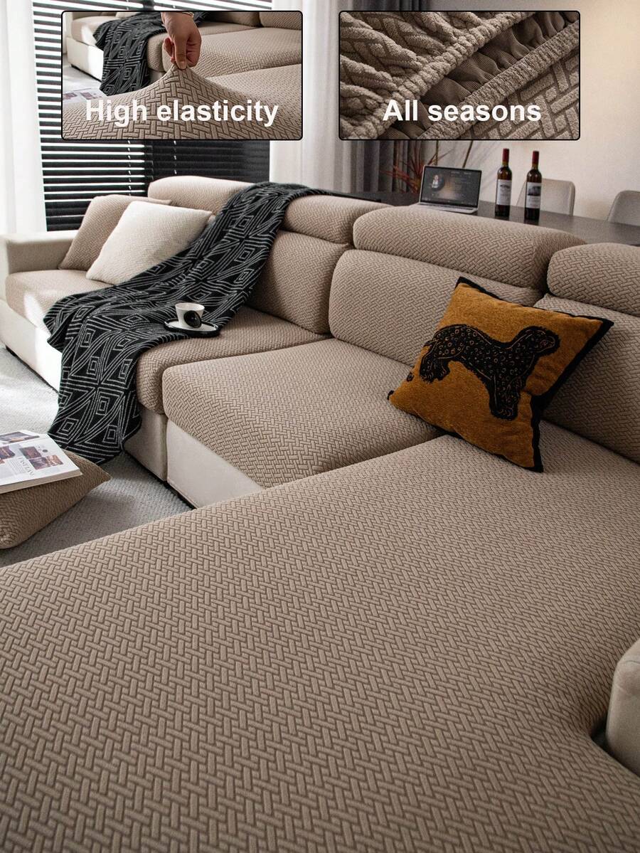 1pc Solid Color Elastic Sofa Cover, Boho Style Sofa Slipcover, Anti-Slip Anti-Cat Scratch Sofa Protector, Suitable For 1-4 Seat Sofas, Home Decor For All Seasons, Machine Washable - Khaki - View 1