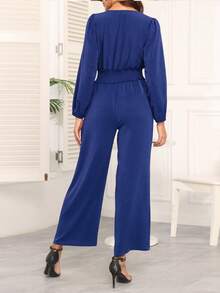 COMFYVOGUE Women's Solid Color Crossed V-Neck Lantern Sleeve Ruffle Wide Leg Elegant Jumpsuit - Royal Blue - View 2
