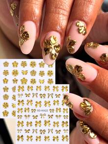 2 件 5D 烫金丝带蝴蝶结花朵美甲饰品贴纸可爱蝴蝶结指甲装饰贴花 DIY 美甲配件 - 金色 - 查看 1