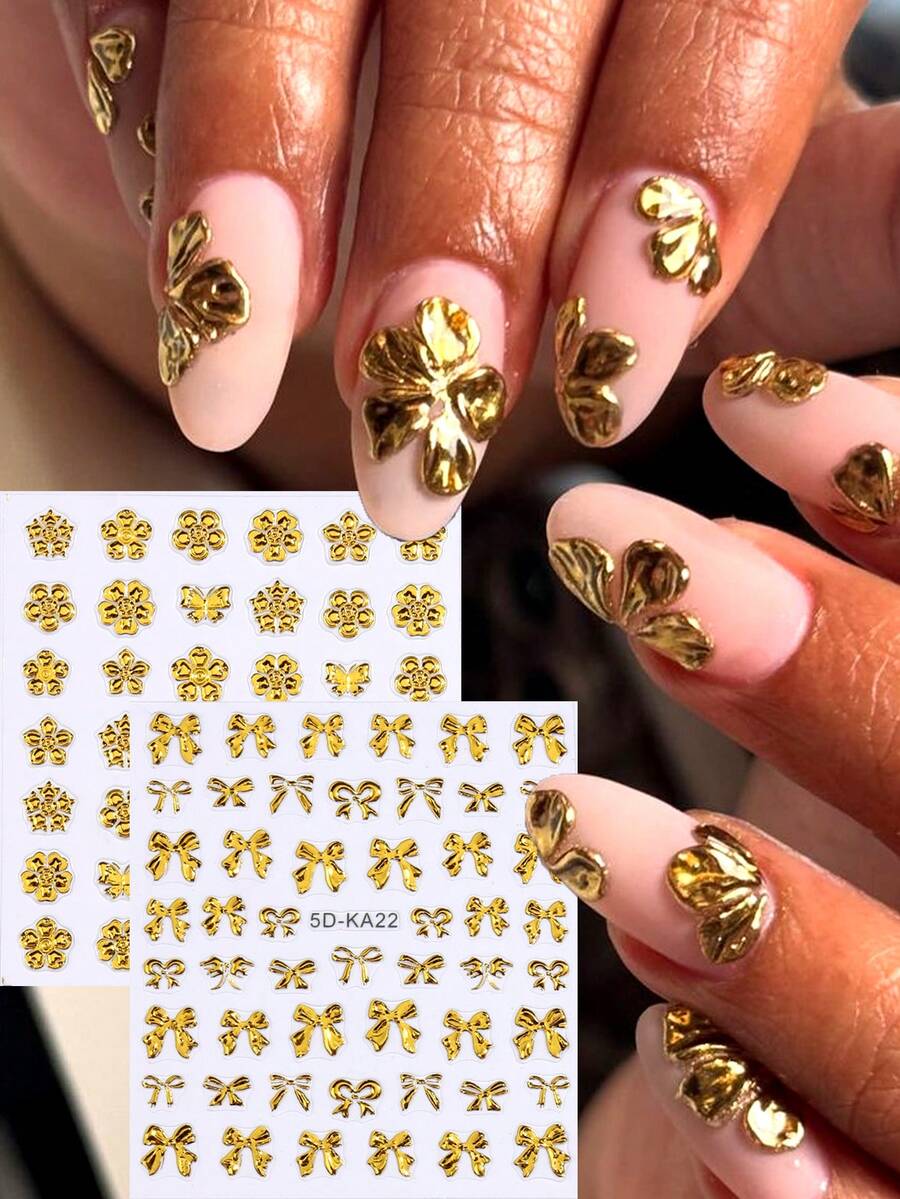 2 件 5D 烫金丝带蝴蝶结花朵美甲饰品贴纸可爱蝴蝶结指甲装饰贴花 DIY 美甲配件 - 金色 - 查看 1