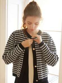 Knit Mix 优雅女士时尚针织法式通勤开衫，圣诞节/感恩节/新年时尚格子图案珍珠纽扣宽松毛衣，适合秋冬春季返校季穿着 - 黑與白 - 查看 8