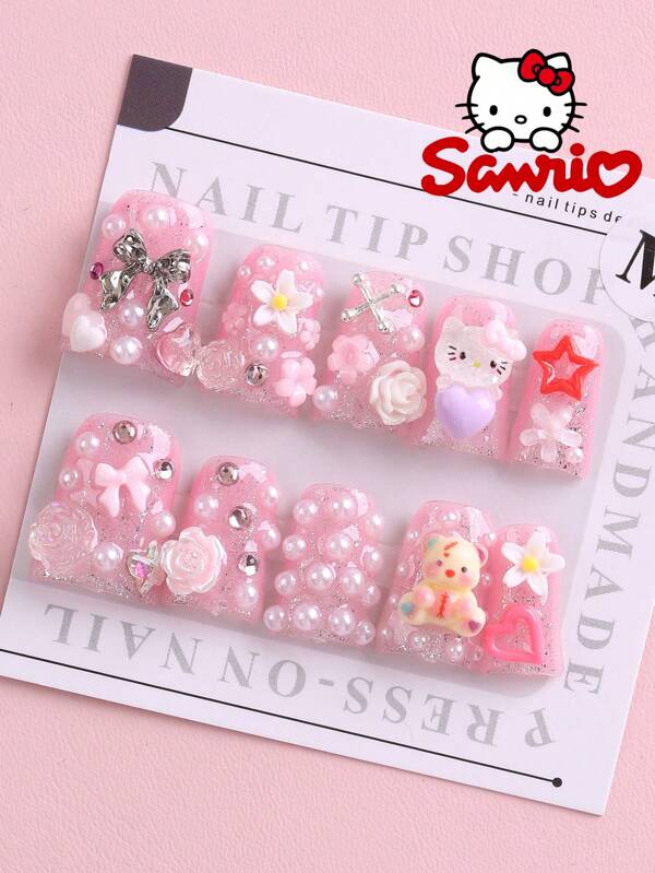 Sanrio Somoving X Sanrio Hello Kitty 10Pcs Short Duckbill Shaped Handmade Nail, Cute Camellia Flower, Big Heart, Resin Diamond, Pearl Powder, Sweet Design, Pressed Nail Perfect Fit, Acrylic Fake Nail Set Suitable For Daily, Dance And Family Gatherings Nail Art Supplies