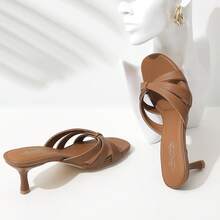 Strappy Kitten Heels For Women Round Open Toe Flip Flops Slip On Mules Heels Fashion Thong Heeled Sandals For Party Wedding Holiday - màu nâu - Xem 8