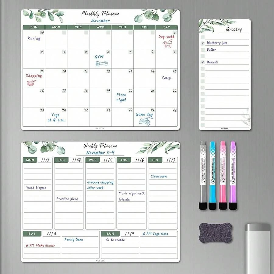 Magnetic Dry Erase Refrigerator Calendar, Dry Erase Calendar White Board Set For Fridge - Magnetic Monthly & Weekly Planner With List Board, 4 Markers + Eraser - Greenery - View 1