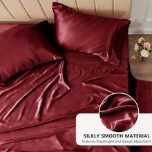 New-  Satin Sheets Full Size - 4 Piece Burgundy Bed Sheet T  Silky Microfiber, 1 Deep Pocket Fitted Sheet, 1 Flat Sheet, And 2 Pillowcas - Ooth And Soft - 勃根地酒紅 - 查看 3