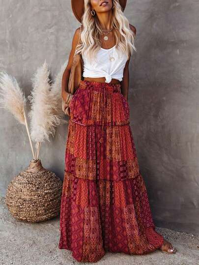 Gonna in stile boho nuovo per donna, in poliestere leggero e ampia in vita, elegante con stampa floreale a blocchi di colore e orlo in pizzo, adatta per primavera/estate e vacanze