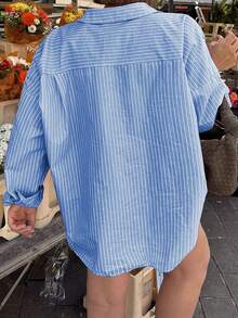 PoPoHouse Women's Plus-Size Shirt Spring Summer Casual Office Commuting Striped Solid Color Front Buckle Long-Sleeved Plus-Size Shirt - Denim Blue - View 8