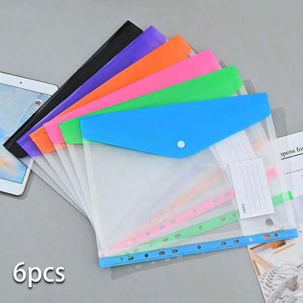 6pcs A4 Plastic File Folder, Large Capacity Button Closure Document Bag, Portfolio, Test Paper Organizer, Transparent File Envelope,Back To School,School Supplies
