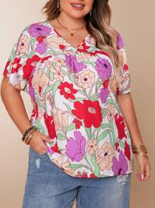 V-Neck Floral Print Casual Festival Vacation Short Sleeve Ruffle Hem Pullover Blouse, Plus Size Women