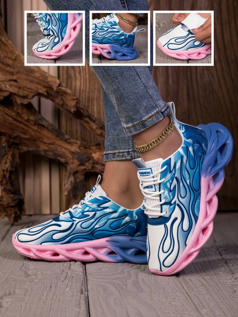 Women's Breathable Lightweight Comfortable Running Shoes, Ombre Flame Gradient Knitted Bright Color Versatile Casual Sneakers - Blue - View 1