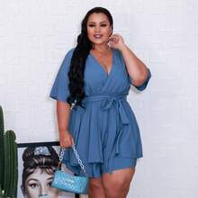 Simple Casual Elegant Tie Up With Belt Crossover Romper - Xanh lam - Thép - Xem 1