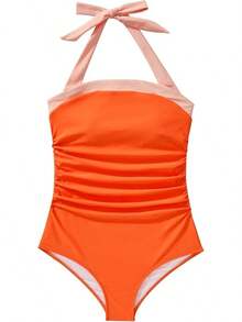 Women Sexy Tummy Control One Piece Swimsuit Halter Retro Bathing Suit - 68 Orange - View 4