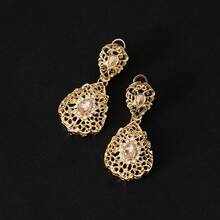 1 Coppia di orecchini alla moda da donna di stile mediorientale/arabo, orecchini a forma di lacrima stile marocchino/algerino da sposa con strass e design floreale traforato, gioielli da matrimonio