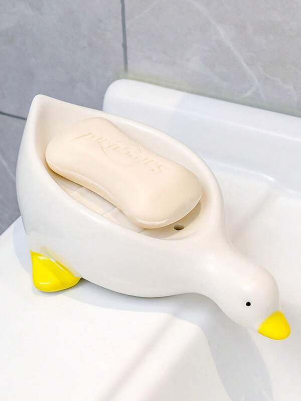1 pieza Plato de jabón en forma de pato de cerámica con drenaje, bandeja portajabones, para ducha, baño, tocador, gabinete de cocina, decoración de pato, de vuelta al colegio