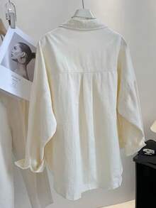Damen Vorderseite Knopf Taschen Label Langarm Lässig Loose Bluse - Aprikosenfarben - Übersicht 2