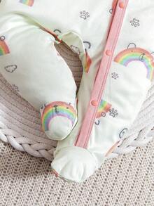 1pc Baby Girl Rainbow Print Soft & Comfortable Long Sleeve Snap-Up Front Footie, Suitable For Newborn To 9 Months Daily Wear - Green - View 6