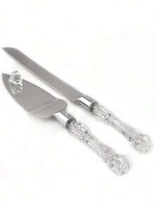 4/2/1 件婚礼蛋糕切具套装，包括不锈钢刀片蛋糕刀和服务器、银色亚克力仿水晶手柄、婚礼、新娘送礼会、周年纪念、化妆舞会和生日礼物（银色 - 2 件/套为 1 把蛋糕刀和 1 个蛋糕服务器）