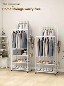 1pc New Movable Double Rod Clothes Coat Rack, Standing Multi-Layer Garment Hanger For Bedroom, Dorm, Rented House, Holds Clothes, Hats, Bags & Shoes