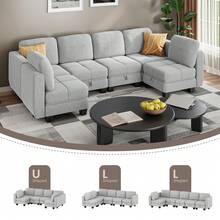 Jooli H U Shaped Sofa With Storage, Fabric Sectional Modular Sofa With Upholstered Cushion And Removable Back Cushion Covers For Living Room, Grey - 6 Seater Sofa - View 7