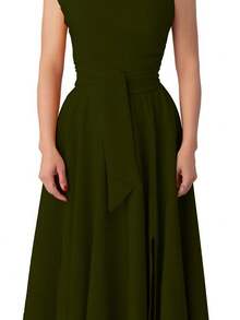 Vestido elegante sin mangas con abertura en el dobladillo de unicolor, para verano - Verde militar - Ver 5