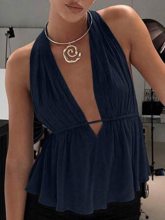 性感火辣风格简约时尚夏季露背深 V 领吊带背心前系带上衣夏季