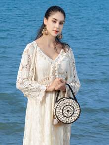 ENSPT Ein Stück braune, gefranste Beutelhandtasche, mit Kordelzug verschlossener gewebter Tasche mit Gras-Muster, Strandtasche für den Urlaub, eine runde Tasche aus kontrastierendem Ahornholz-Material mit abnehmbarer Innentasche, geeignet für Damen am Strand und im Resort, Perlenhandtasche, passend für Damen auf Strand- und Resort-Reisen