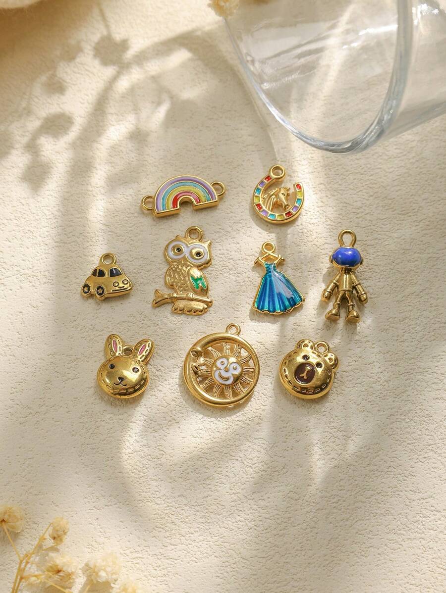 1个/包 304不锈钢可爱卡通图案时尚吊坠配饰，太阳、熊、兔子、彩虹、多形状挂件 - 金黃色 - 查看 1