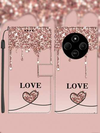 Artificial PU Leather Wallet Phone Case With Card Slot, Bling Heart Pattern, Kickstand, Suitable For Honor, Suitable As Gift For Friends And Couples With Lanyard