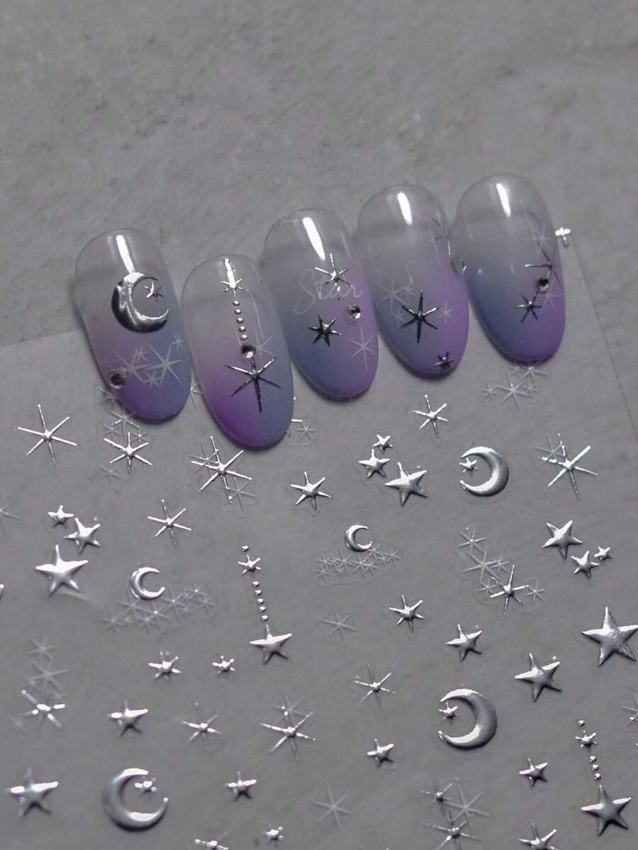 2片星月美甲贴纸，3D DIY自粘美甲贴纸，金银风格美甲装饰配件
