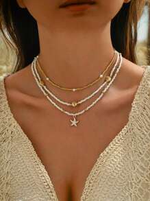 3pcs Set Elegant Starfish Beaded Necklace, Fashion Jewelry For Women, Ideal For Beach Vacation, A Great Gift For Friends
