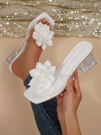 Plus Size Women Square Toe Transparent Thick Heel Lotus Decor Casual Slippers, Simple And Comfortable, Fashion Beach Style Sandals, Summer